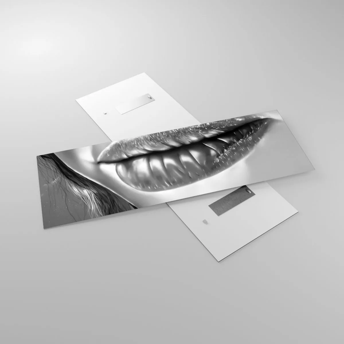 Cuadro sobre vidrio - Impresiones sobre Vidrio - Primer plano en blanco y negro de los labios de una mujer con efecto brillante y detalles. - 140x50cm - Sé lo que estás pensando... - Decoración de pared moderna para salón y dormitorio ARTTOR