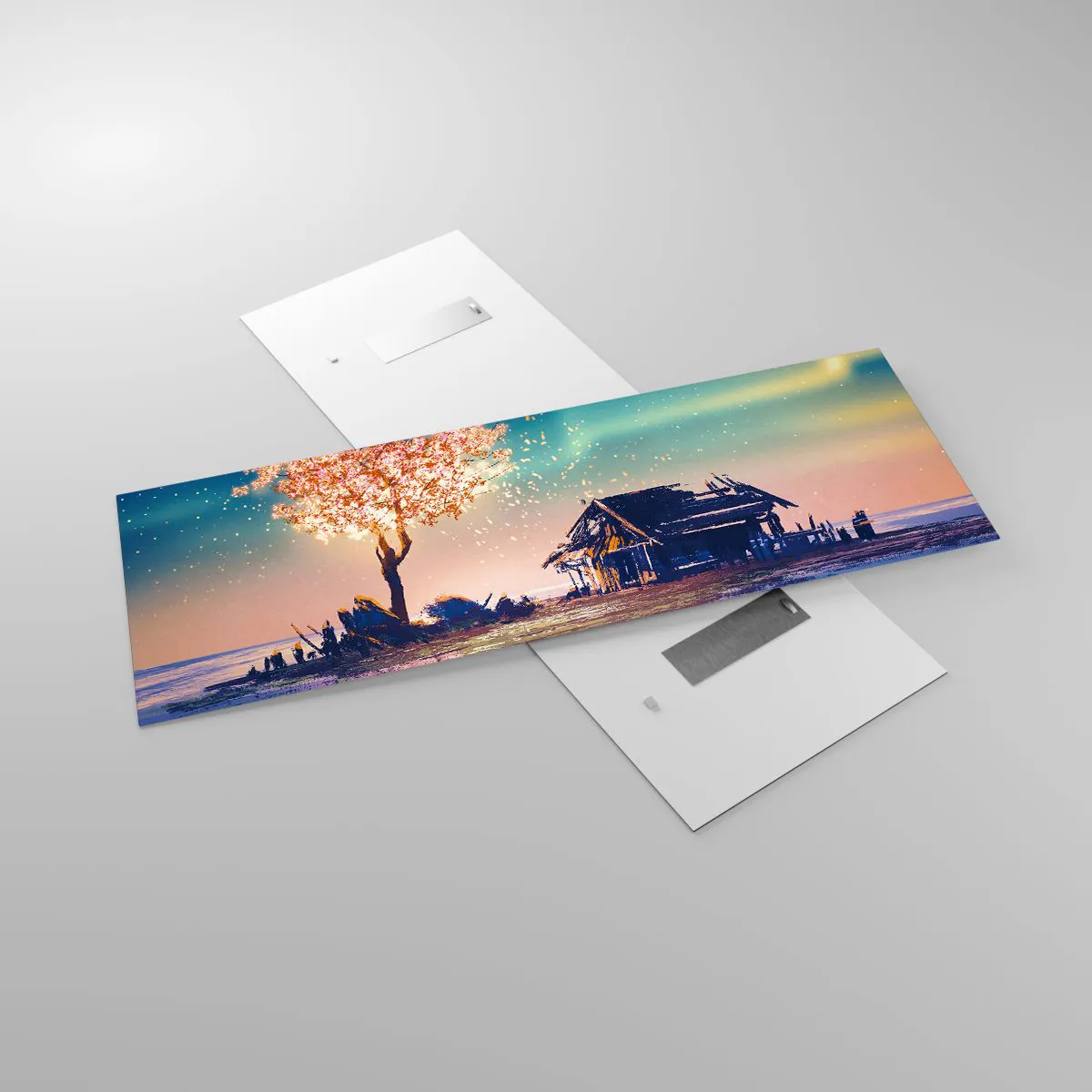 Glasbild - Bild auf glas - Ein Haus und ein blühender Baum unter dem Nachthimmel - 140x50cm - Die Natur vergeht nicht - Moderne Wanddekoration für Wohnzimmer und Schlafzimmer ARTTOR