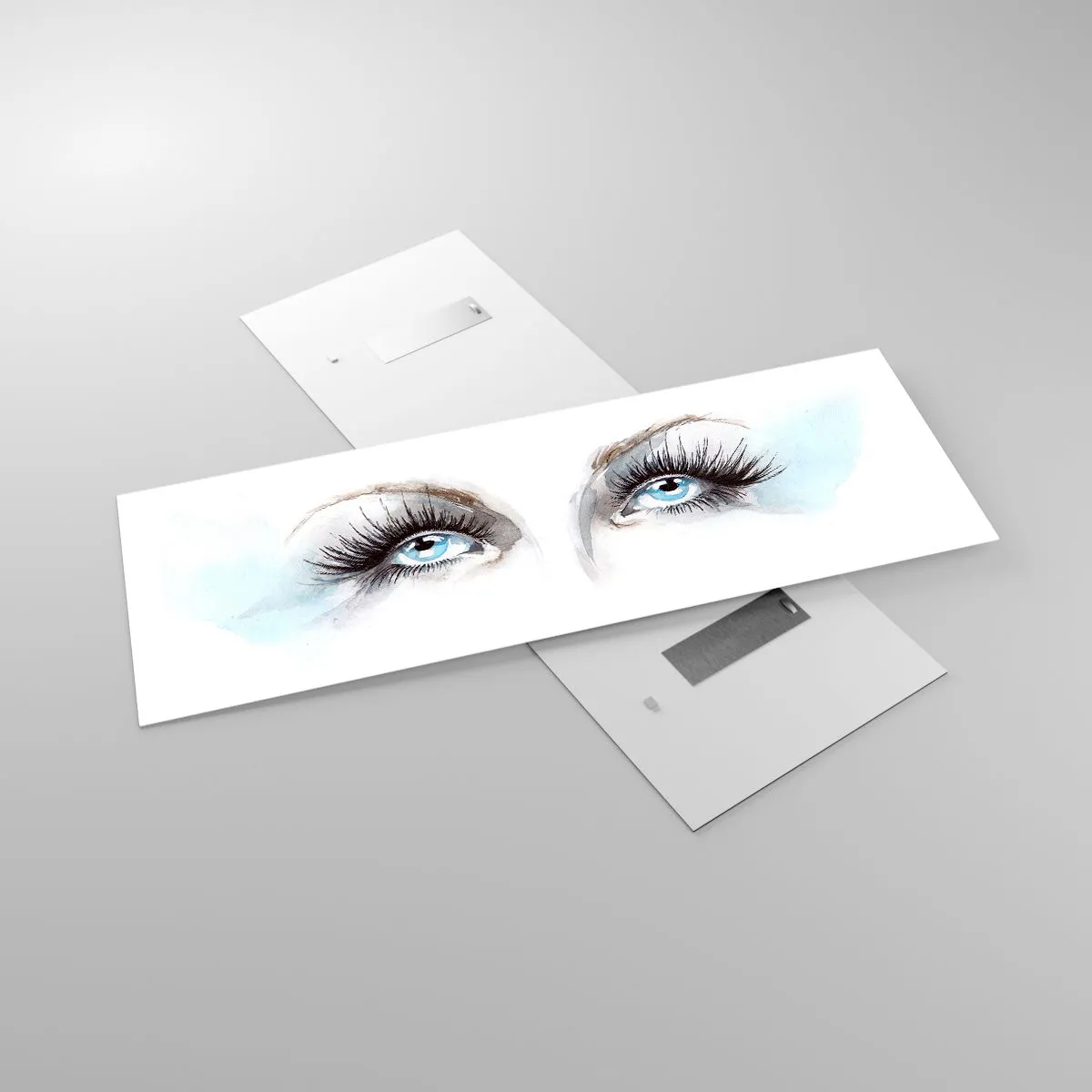 Obraz na szkle - Akwarela z niebieskimi oczami i delikatnymi akcentami - 140x50cm - Oczy anioła? - Nowoczesna dekoracja ścienna do salonu i sypialni ARTTOR