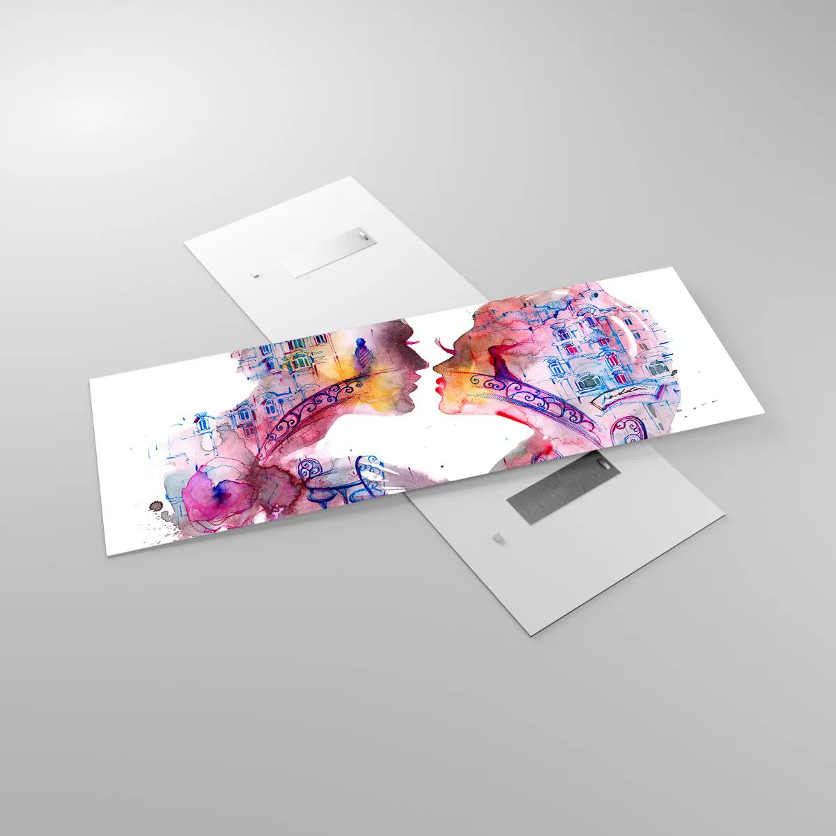 Glasbild - Bild auf glas - Ein romantisches Aquarell, das die Silhouetten von Liebenden darstellt - 140x50cm - Die geheime Seufzerbrücke - Moderne Wanddekoration für Wohnzimmer und Schlafzimmer ARTTOR