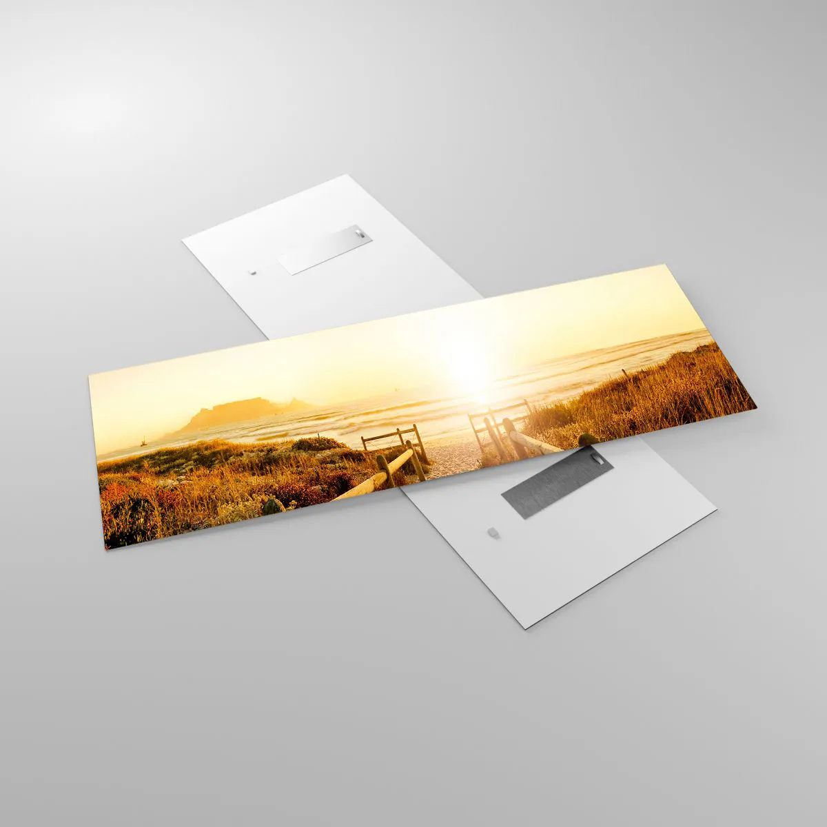 Impression sur verre - Image sur verre - Chemin vers la plage pendant un coucher de soleil doré - 140x50cm - A travers la dune, vers le soleil - Décoration murale moderne pour le salon et la chambre ARTTOR