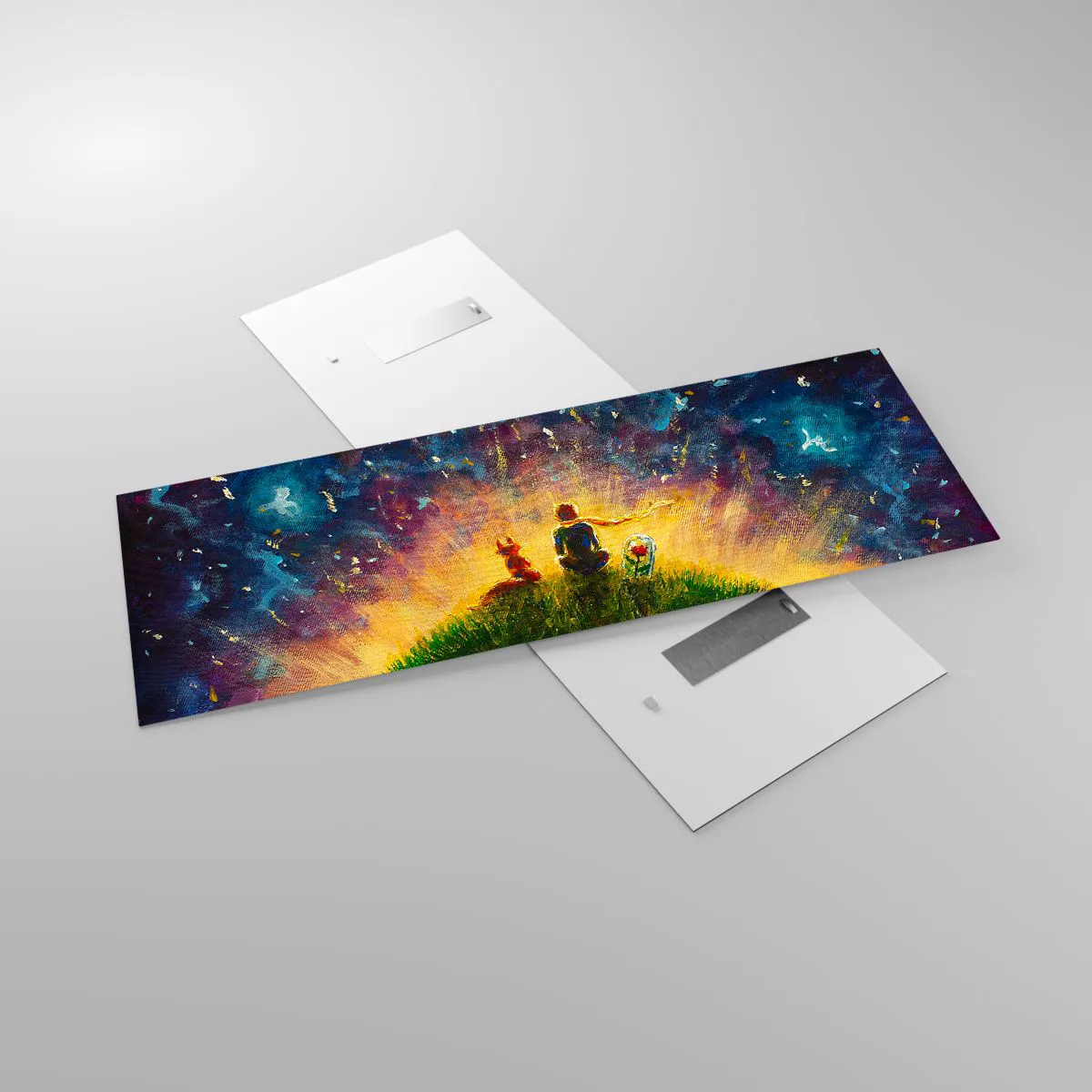 Impression sur verre - Image sur verre - Personnages sur une colline verdoyante entourée d'un ciel étoilé - 140x50cm - Amour et amitié - le monde entier - Décoration murale moderne pour le salon et la chambre ARTTOR