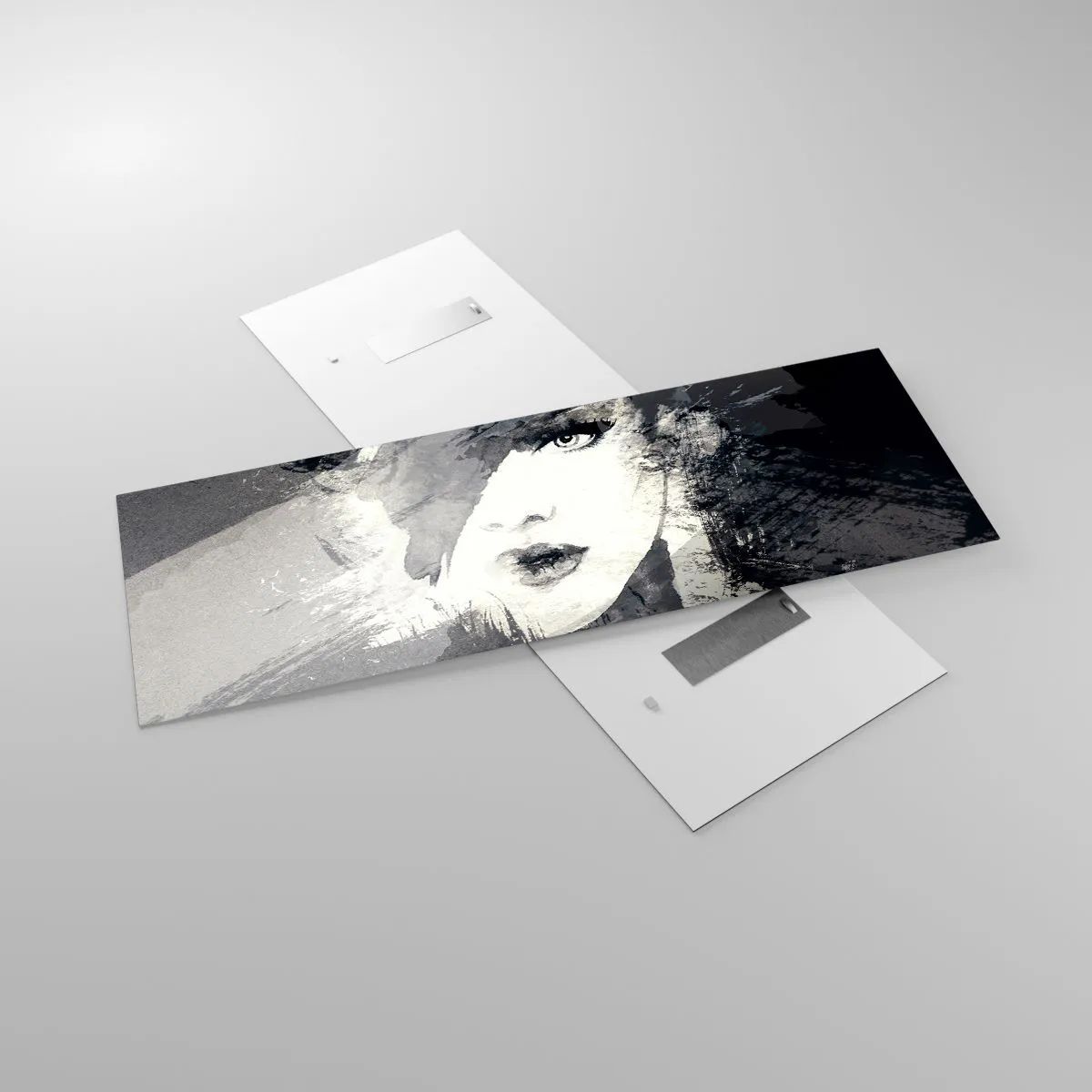 Cuadro sobre vidrio - Impresiones sobre Vidrio - Un retrato abstracto de una mujer en tonos grises con acentos delicados. - 140x50cm - Tras un velo gris - Decoración de pared moderna para salón y dormitorio ARTTOR