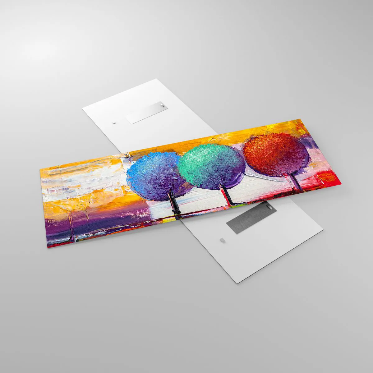 Impression sur verre - Image sur verre - Trois arbres colorés sur un fond abstrait - 140x50cm - Art jusqu'à trois - Décoration murale moderne pour le salon et la chambre ARTTOR