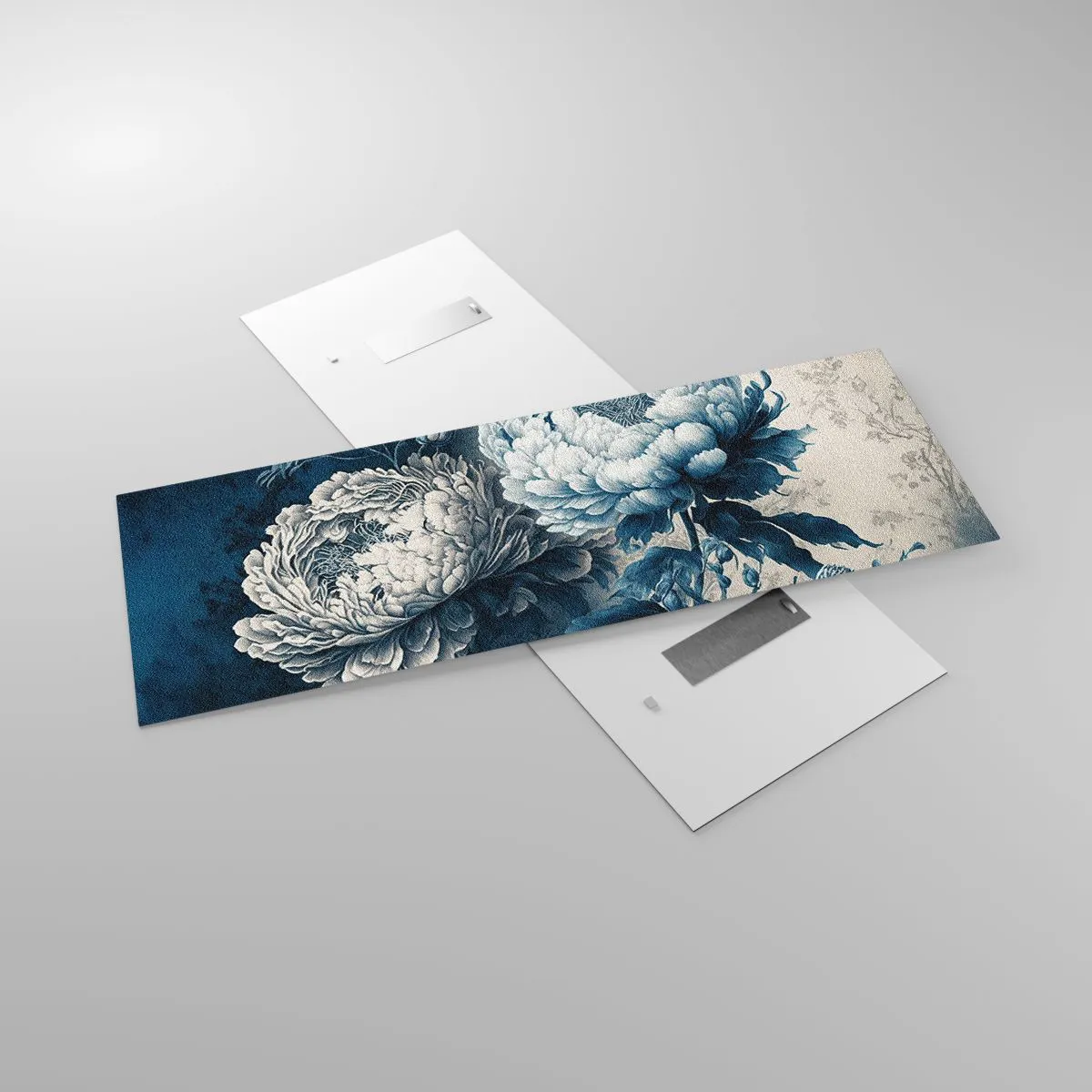 Cuadro sobre vidrio - Impresiones sobre Vidrio - Peonías azules sobre un fondo sutil con un patrón delicado. - 140x50cm - Una pareja unida - Decoración de pared moderna para salón y dormitorio ARTTOR