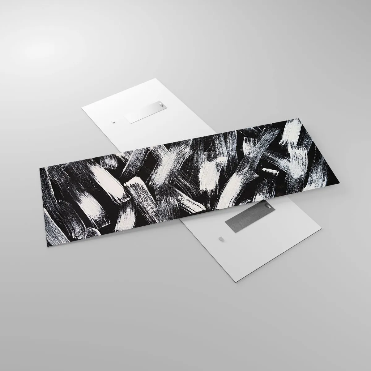 Cuadro sobre vidrio - Impresiones sobre Vidrio - Abstracción dinámica con pinceladas blancas sobre fondo negro. - 140x50cm - Abstracción en el espíritu industrial - Decoración de pared moderna para salón y dormitorio ARTTOR