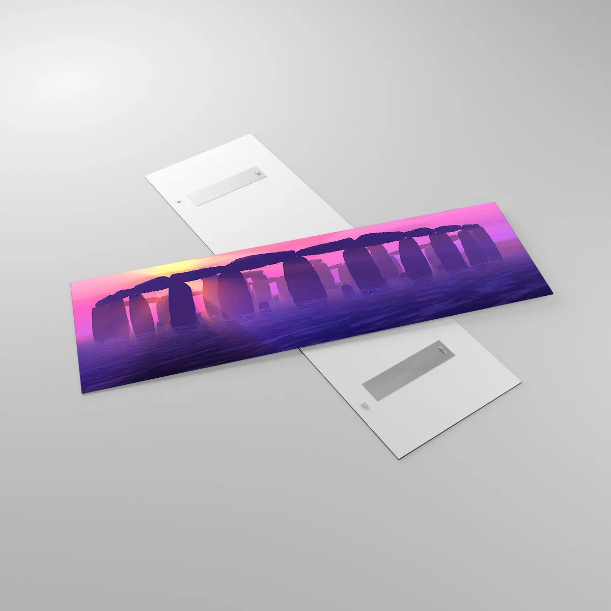 Impression sur verre - Image sur verre - Cercle de pierres au coucher du soleil avec un ciel violet - 160x50cm - Mystère à l'aube dans le brouillard - Décoration murale moderne pour le salon et la chambre ARTTOR