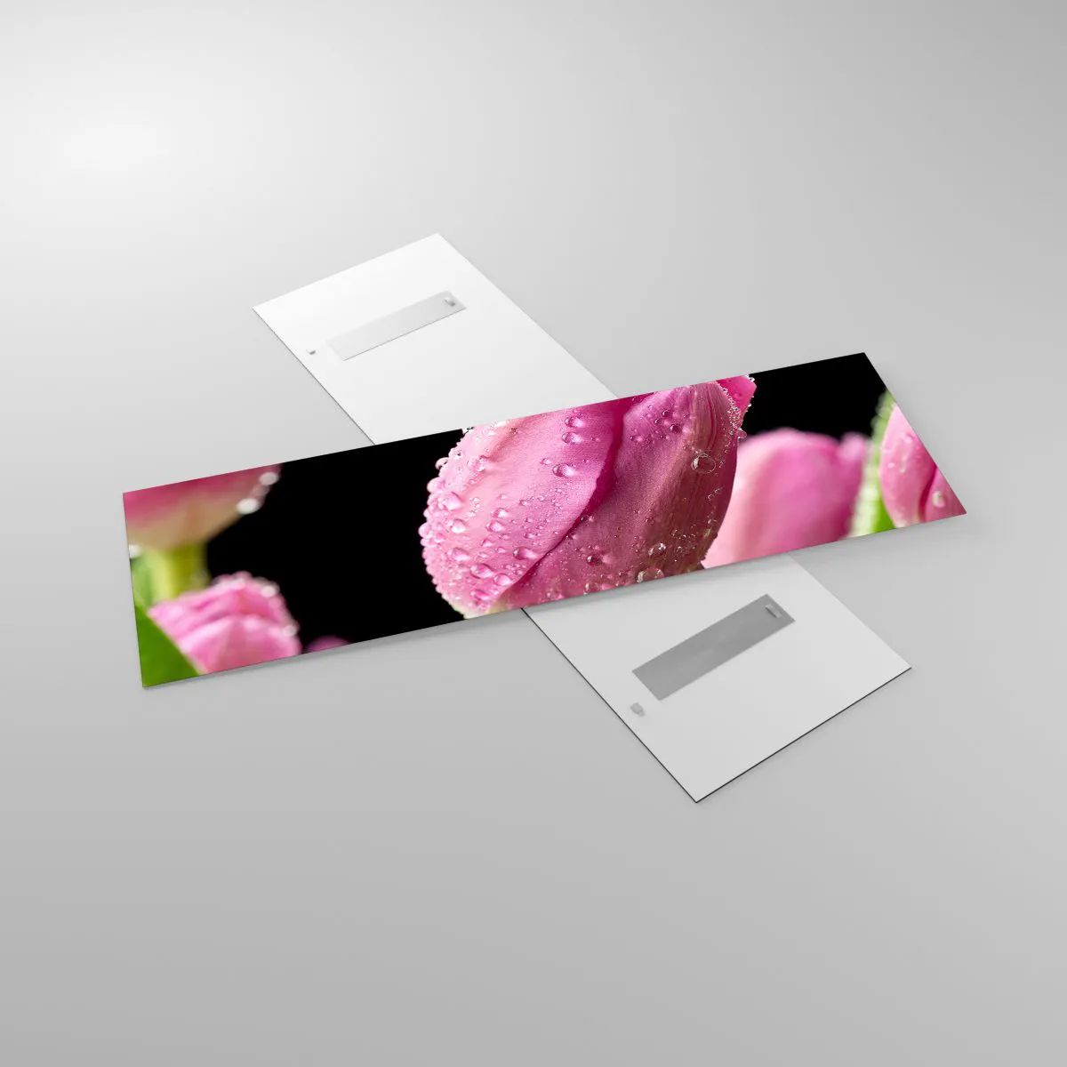 Glasbild - Bild auf glas - Rosa Tulpe mit Wassertropfen auf schwarzem Hintergrund - 160x50cm - Lila Traum im Tau - Moderne Wanddekoration für Wohnzimmer und Schlafzimmer ARTTOR