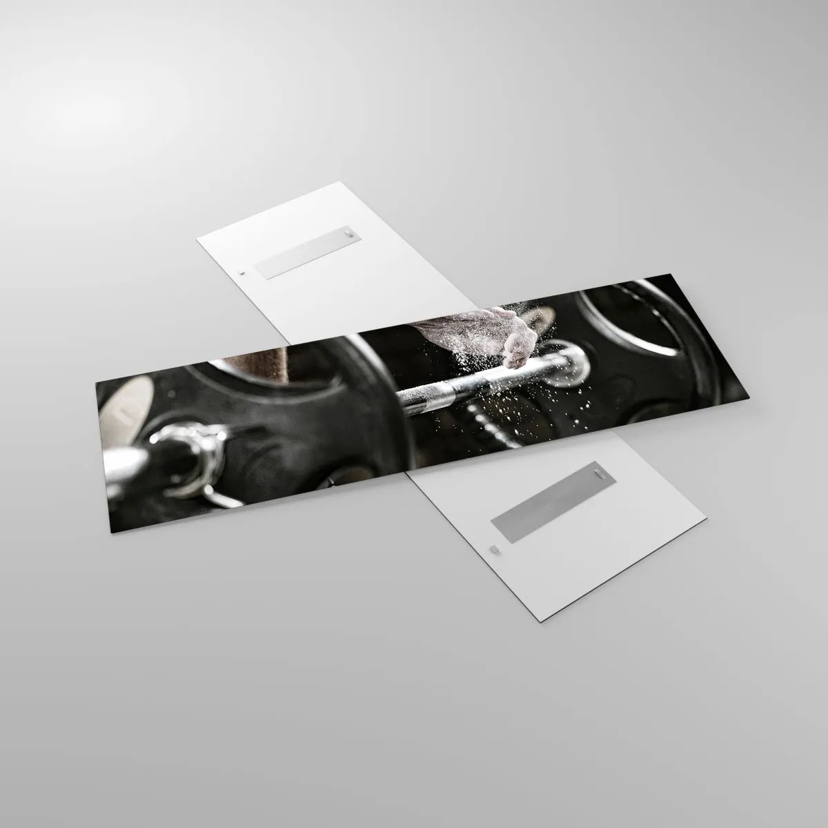 Impression sur verre - Image sur verre - Des haltères et les mains d'un athlète se préparant à l'entraînement - 160x50cm - Défi accepté! - Décoration murale moderne pour le salon et la chambre ARTTOR