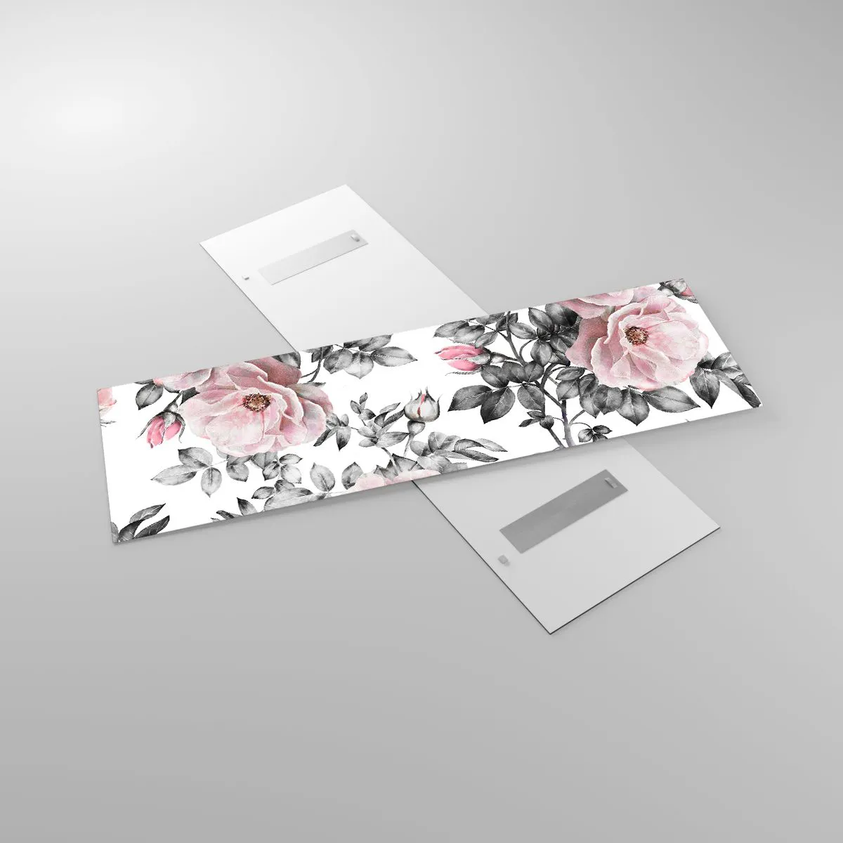 Impression sur verre - Image sur verre - Roses roses et feuilles sur un délicat fond noir et blanc - 160x50cm - Se perdre dans les fleurs des roses - Décoration murale moderne pour le salon et la chambre ARTTOR