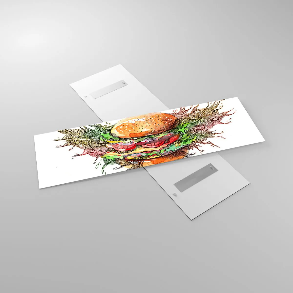 Impression sur verre - Image sur verre - Illustration artistique d'un burger avec des éléments dynamiques - 160x50cm - Tentation chaude - Décoration murale moderne pour le salon et la chambre ARTTOR