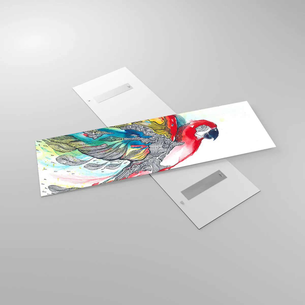 Impression sur verre - Image sur verre - Un perroquet coloré en vol avec des motifs abstraits sur ses ailes. - 160x50cm - Vivez haut en couleurs - Décoration murale moderne pour le salon et la chambre ARTTOR
