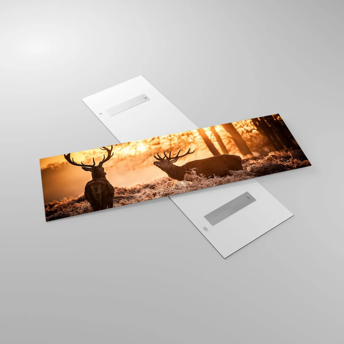 Impression sur verre - Image sur verre - Deux cerfs au coucher du soleil dans un paysage hivernal - 160x50cm - Le rêve d'un chasseur - Décoration murale moderne pour le salon et la chambre ARTTOR