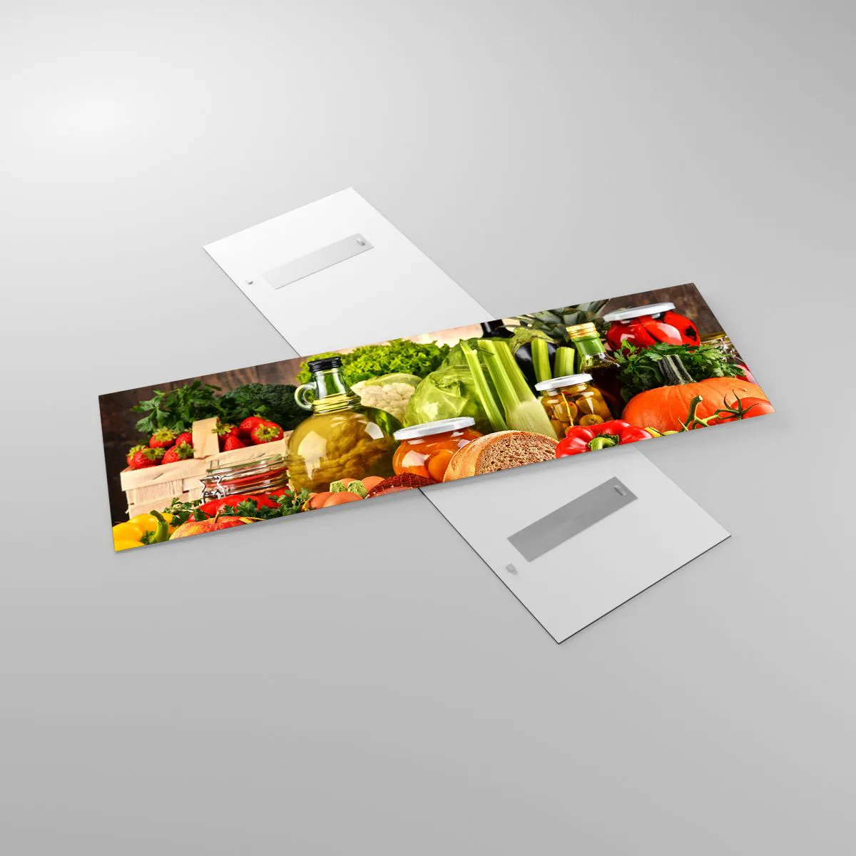 Quadro su vetro - Frutta, verdura e prodotti alimentari colorati - 160x50cm - Affumicati, arrostiti, marinati - Decorazione murale moderna per soggiorno e camera da letto ARTTOR