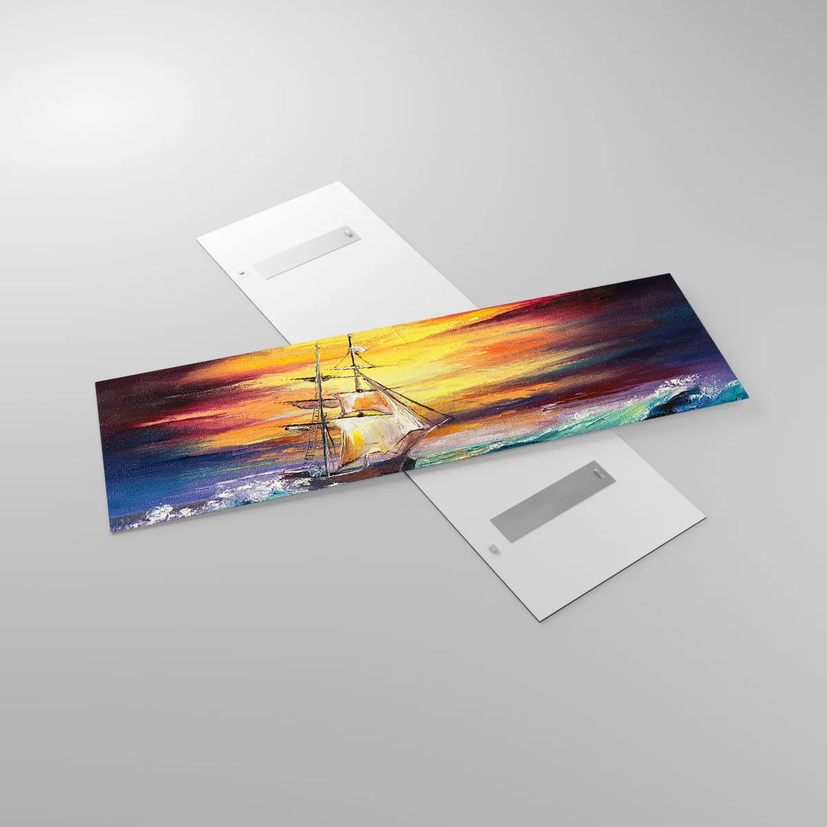 Impression sur verre - Image sur verre - Un voilier sur fond de coucher de soleil coloré - 160x50cm - Courageusement sous les vagues - Décoration murale moderne pour le salon et la chambre ARTTOR