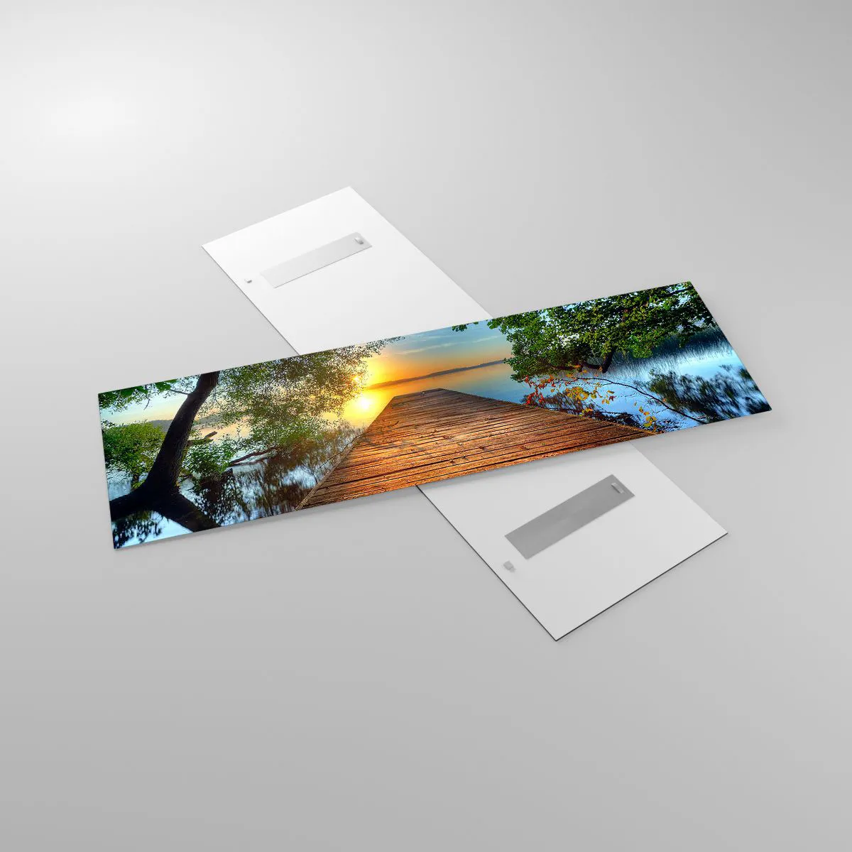 Cuadro sobre vidrio - Impresiones sobre Vidrio - Un muelle de madera rodeado de vegetación durante la puesta de sol. - 160x50cm - Tómate tu tiempo, siéntate - Decoración de pared moderna para salón y dormitorio ARTTOR