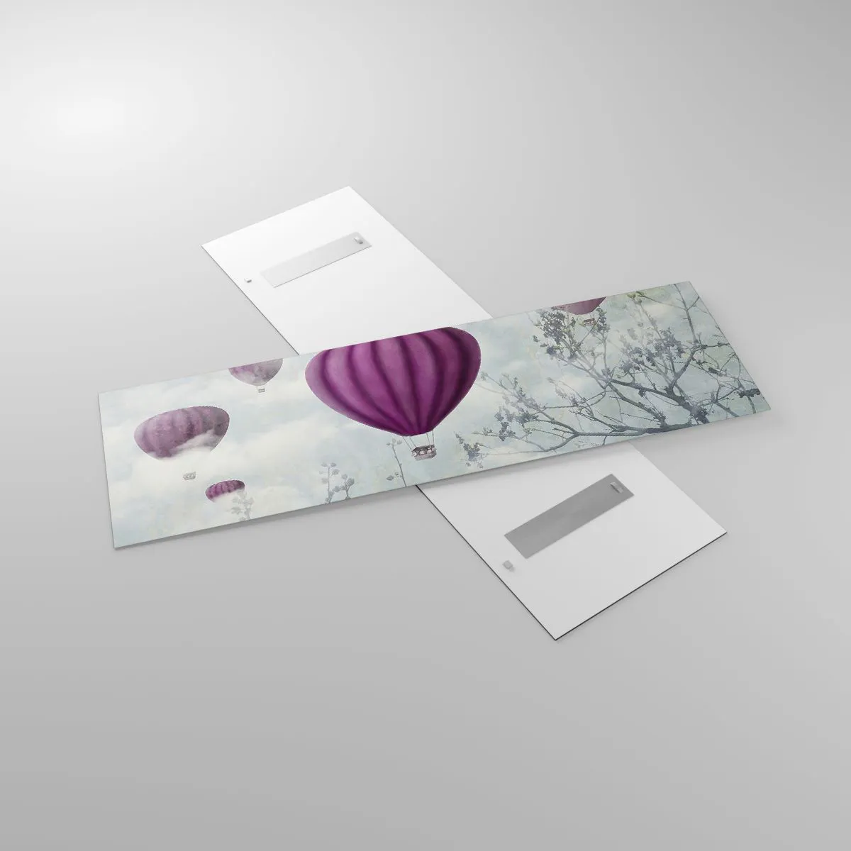 Cuadro sobre vidrio - Impresiones sobre Vidrio - Globos morados flotando sobre los árboles en las nubes. - 160x50cm - Surcando los cielos - Decoración de pared moderna para salón y dormitorio ARTTOR
