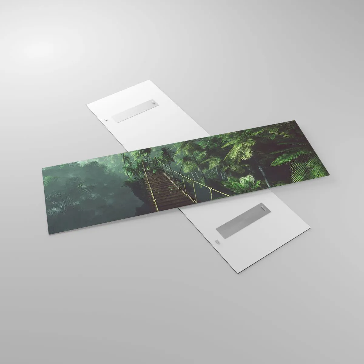 Glasbild - Bild auf glas - Eine Hängebrücke in einem tropischen Wald, umgeben von Nebel. - 160x50cm - Über der Brandung des Grüns - Moderne Wanddekoration für Wohnzimmer und Schlafzimmer ARTTOR