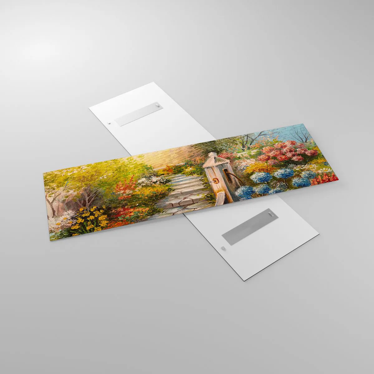 Glasbild - Bild auf glas - Ein malerischer Garten mit einem Brunnen und bunten Blumen - 160x50cm - In voller Blüte - Moderne Wanddekoration für Wohnzimmer und Schlafzimmer ARTTOR