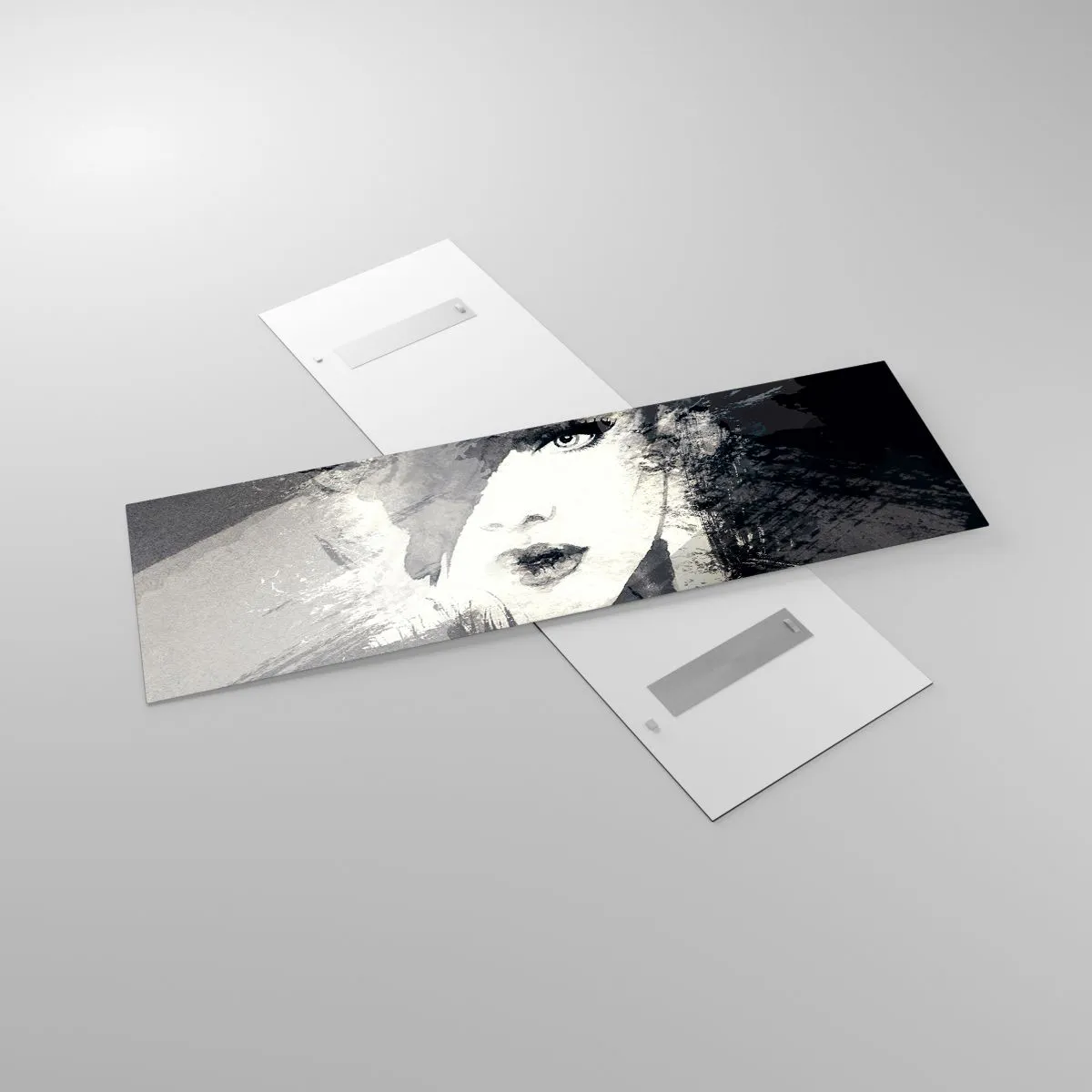 Quadro su vetro - Un ritratto astratto di una donna in tonalità di grigio con delicati accenti. - 160x50cm - Dietro un velo grigio - Decorazione murale moderna per soggiorno e camera da letto ARTTOR