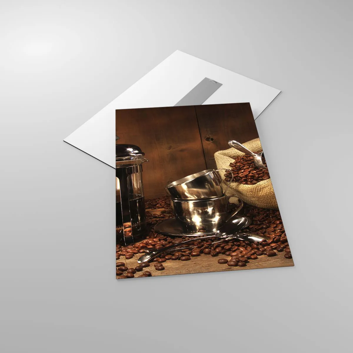 Impression sur verre - Image sur verre - Cafetière, tasses et un sac de grains de café - 50x70cm - Le charme du café - arôme et goût - Décoration murale moderne pour le salon et la chambre ARTTOR