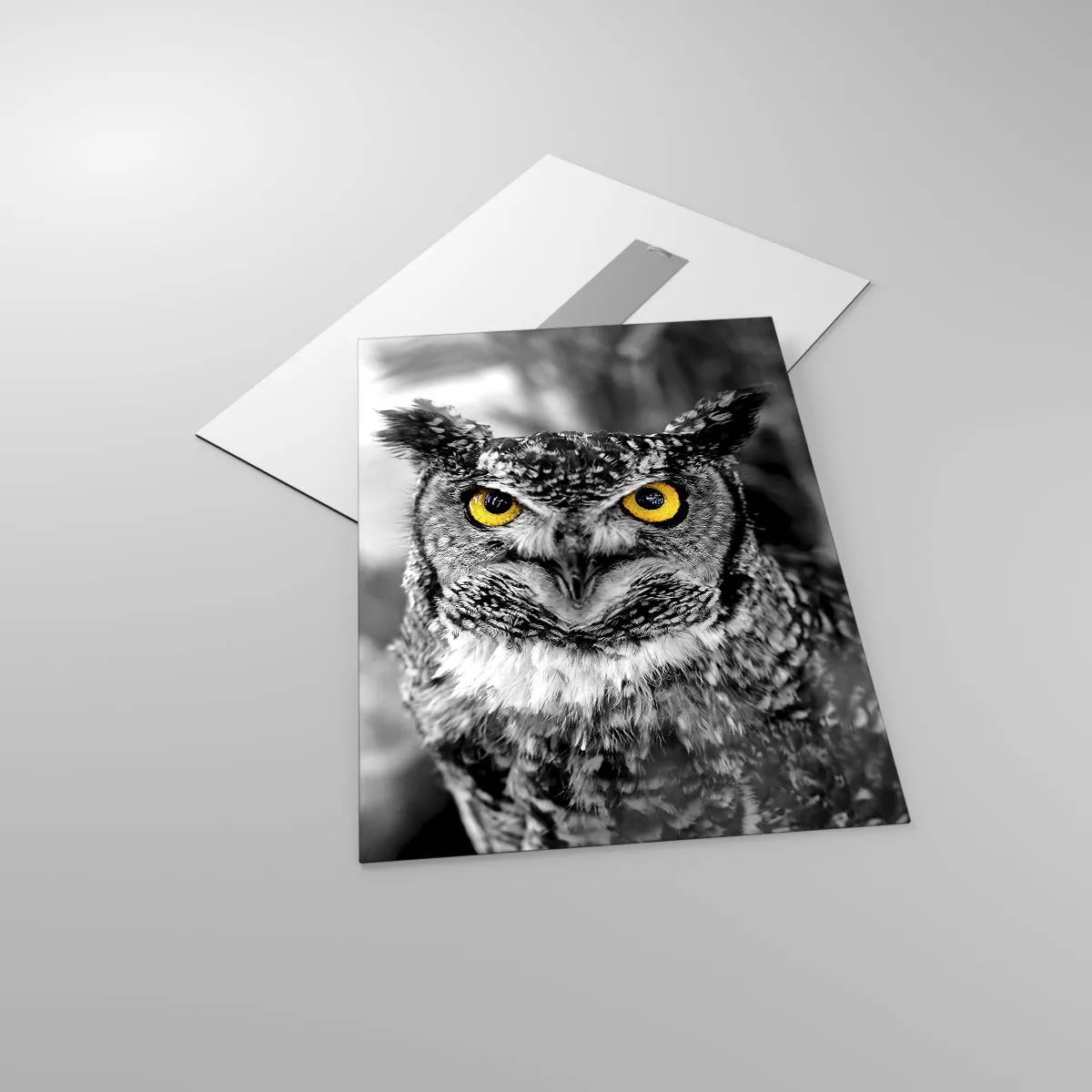 Obraz na szkle - Sowa z żółtymi oczami na czarno-białym tle - 50x70cm - Nic się nie ukryje - Nowoczesna dekoracja ścienna do salonu, kuchni i sypialni ARTTOR