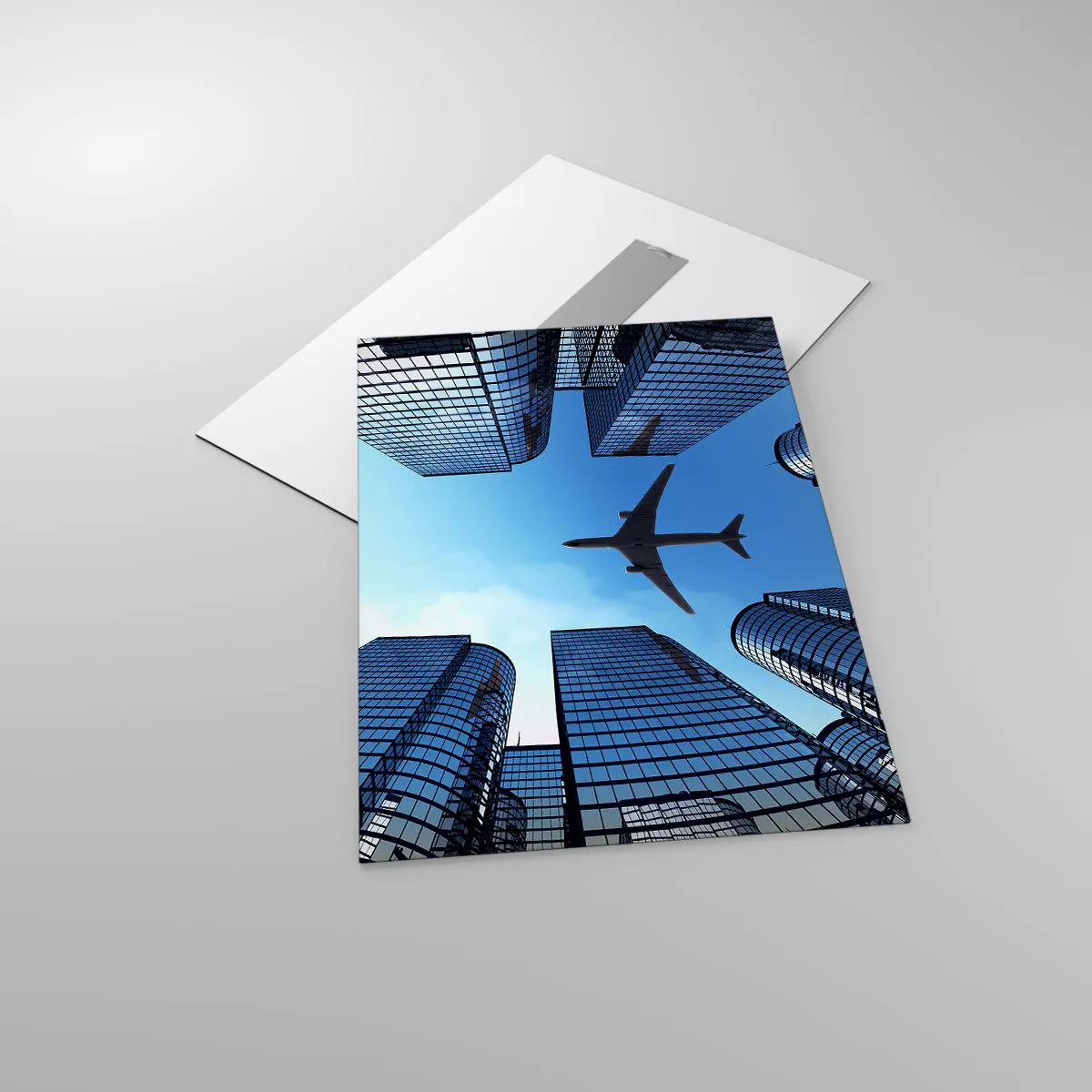 Impression sur verre - Image sur verre - Vue de l'avion entre les gratte-ciels - 50x70cm - La vue depuis le ravin de verre - Décoration murale moderne pour le salon et la chambre ARTTOR