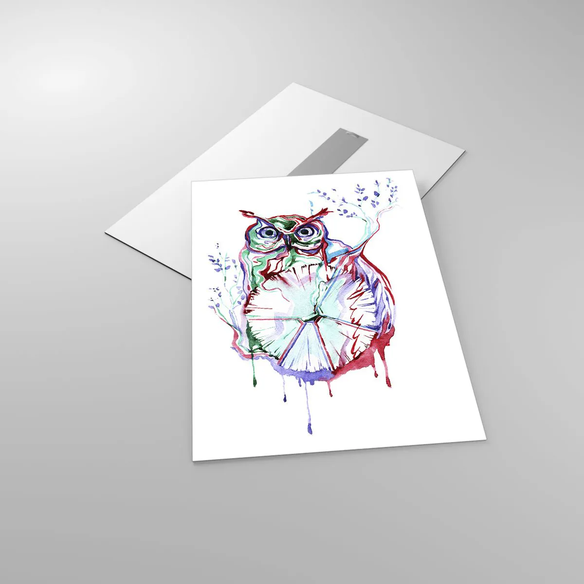 Glasbild - Bild auf glas - Abstrakte Eule in einer farbenfrohen Aquarellkomposition - 50x70cm - Von Natur aus klug - Moderne Wanddekoration für Wohnzimmer und Schlafzimmer ARTTOR