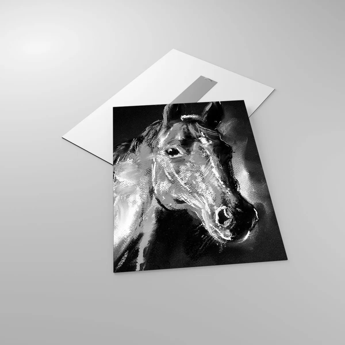 Glasbild - Bild auf glas - Porträt eines Pferdes in Schwarz-Weiß-Tönen auf dunklem Hintergrund - 50x70cm - Das Leuchten einer edlen Seele - Moderne Wanddekoration für Wohnzimmer und Schlafzimmer ARTTOR