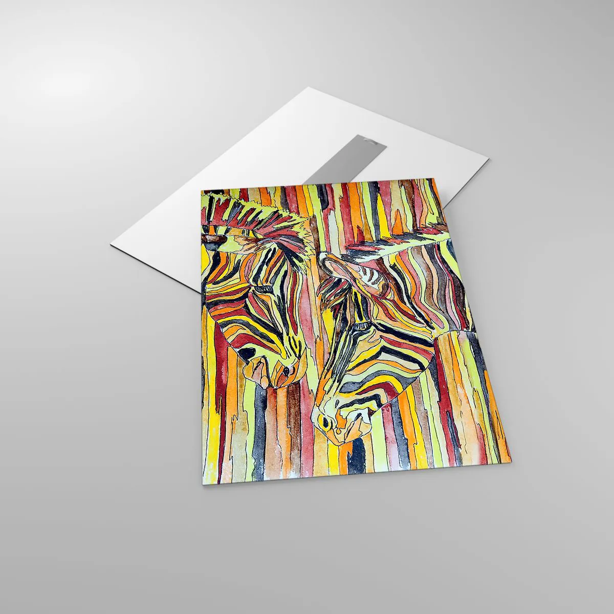 Cuadro sobre vidrio - Impresiones sobre Vidrio - Cebras coloridas en un estilo artístico de acuarela. - 50x70cm - Y tú también... - Decoración de pared moderna para salón y dormitorio ARTTOR