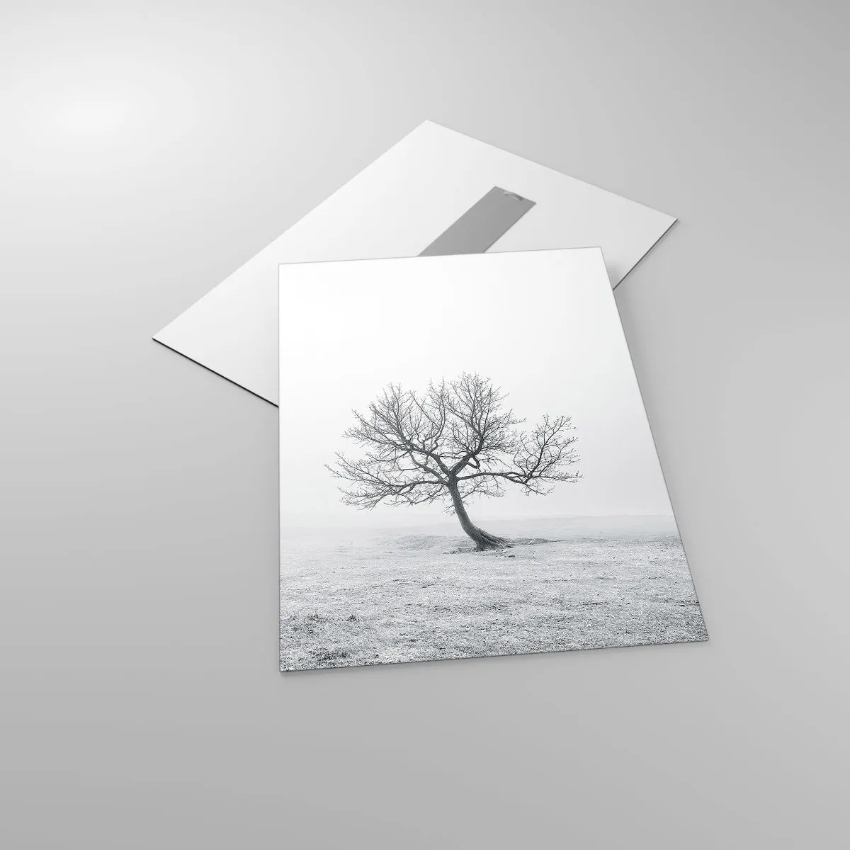 Impression sur verre - Image sur verre - Un arbre solitaire contre le brouillard dans une composition monochrome - 50x70cm - Contre le néant - Décoration murale moderne pour le salon et la chambre ARTTOR