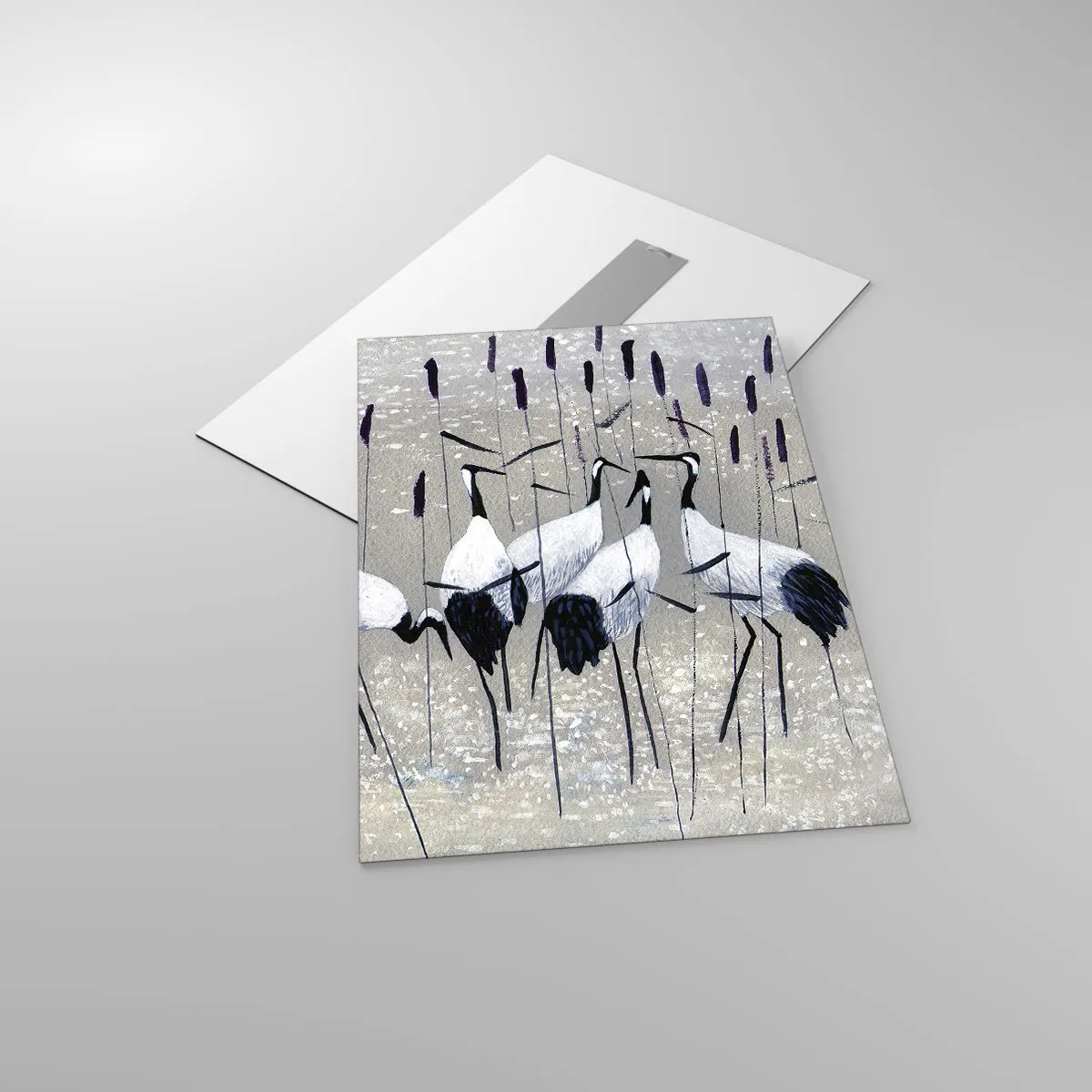 Glasbild - Bild auf glas - Vier Kraniche im Schilf am See - 50x70cm - Unter ihren eigenen - Moderne Wanddekoration für Wohnzimmer und Schlafzimmer ARTTOR