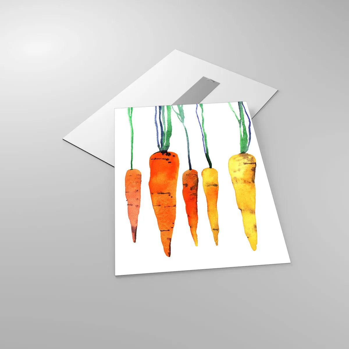 Impression sur verre - Image sur verre - Carottes à l'aquarelle dans différentes nuances d'orange avec des tiges vertes - 50x70cm - La beauté de l'ordinaire - Décoration murale moderne pour le salon et la chambre ARTTOR