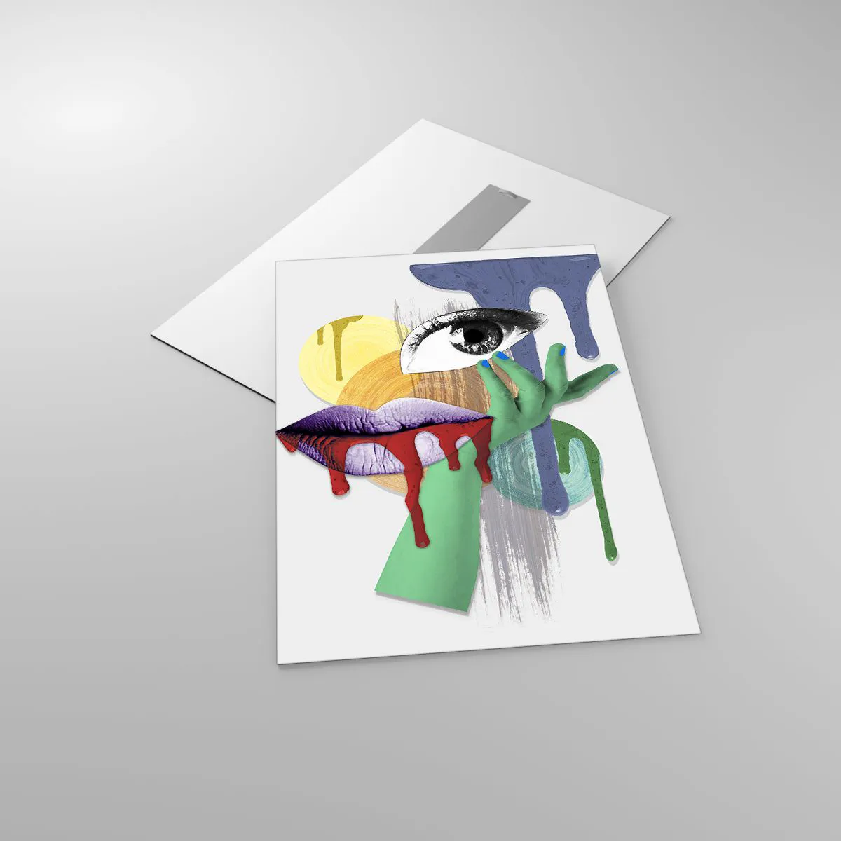 Obraz na szkle - Abstrakcyjna kompozycja z okiem, ustami i kolorami - 50x70cm - Portret zdekonstruowany - Nowoczesna dekoracja ścienna do salonu, kuchni i sypialni ARTTOR