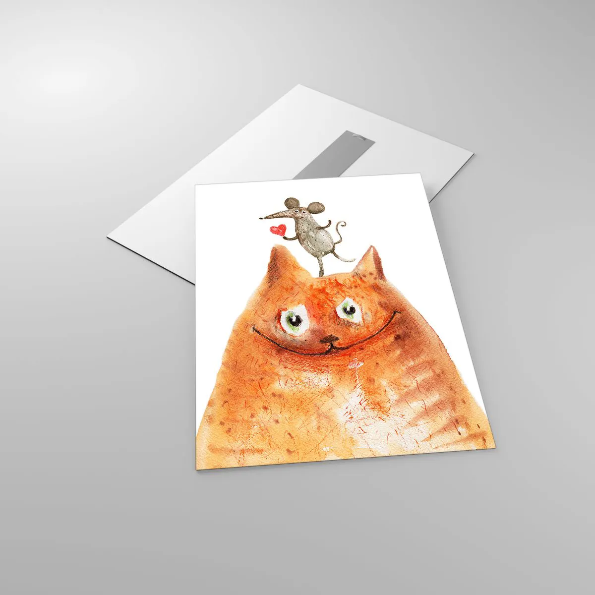 Impression sur verre - Image sur verre - Un chat avec une souris sur la tête dans un style humoristique - 50x70cm - Amour paradoxal - Décoration murale moderne pour le salon et la chambre ARTTOR