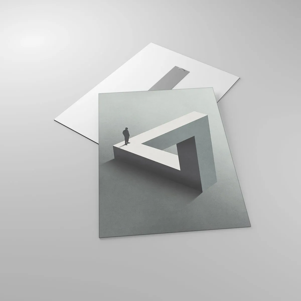 Glasbild - Bild auf glas - Eine Figur auf einer geometrischen Struktur im Stil einer optischen Täuschung - 50x70cm - Es ist also doch möglich - Moderne Wanddekoration für Wohnzimmer und Schlafzimmer ARTTOR