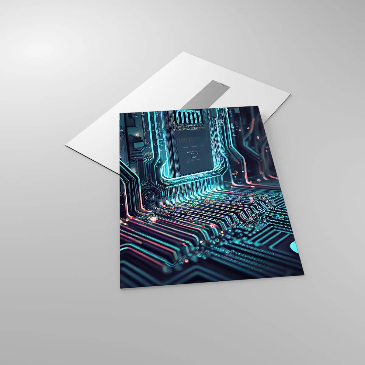 Glasbild - Bild auf glas - Neon-Visualisierung von Prozessorspuren auf schwarzem Hintergrund - 50x70cm - Ich denke nur… - Moderne Wanddekoration für Wohnzimmer und Schlafzimmer ARTTOR