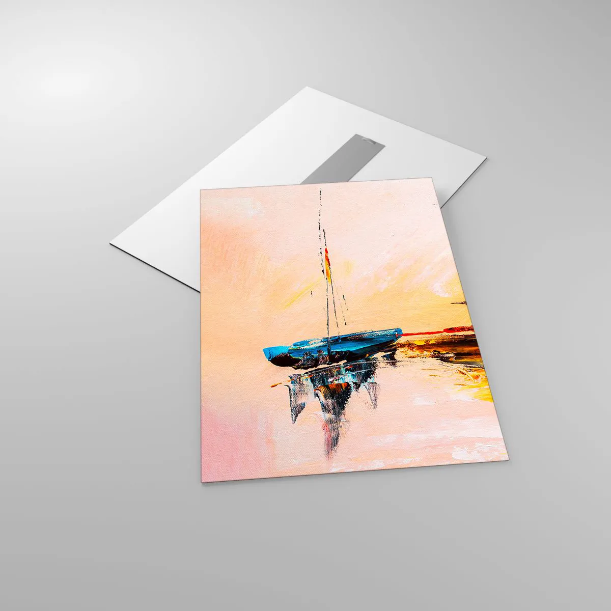 Obraz na szkle - Kolorowe łodzie zacumowane na tle zachodu słońca w stylu impresyjnym - 50x70cm - Wieczór w przystani - Nowoczesna dekoracja ścienna do salonu, kuchni i sypialni ARTTOR