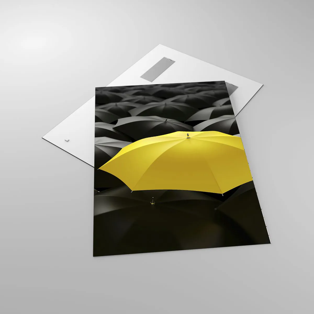 Impression sur verre - Image sur verre - Un parapluie jaune parmi des parapluies noirs - 70x100cm - Adieu chagrin - Décoration murale moderne pour le salon et la chambre ARTTOR