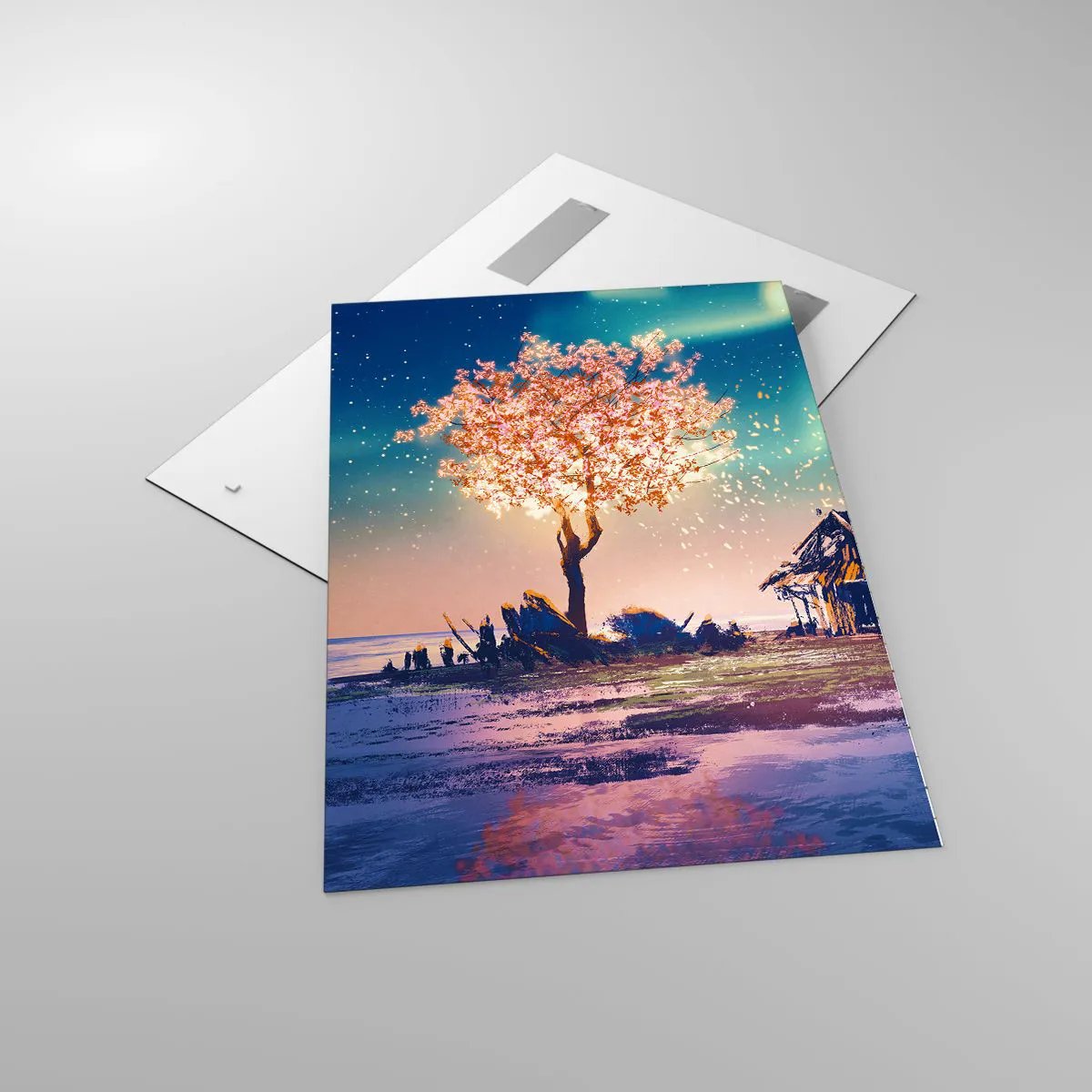 Quadro su vetro - Una casa e un albero in fiore sotto il cielo notturno - 70x100cm - La natura non passa - Decorazione murale moderna per soggiorno e camera da letto ARTTOR