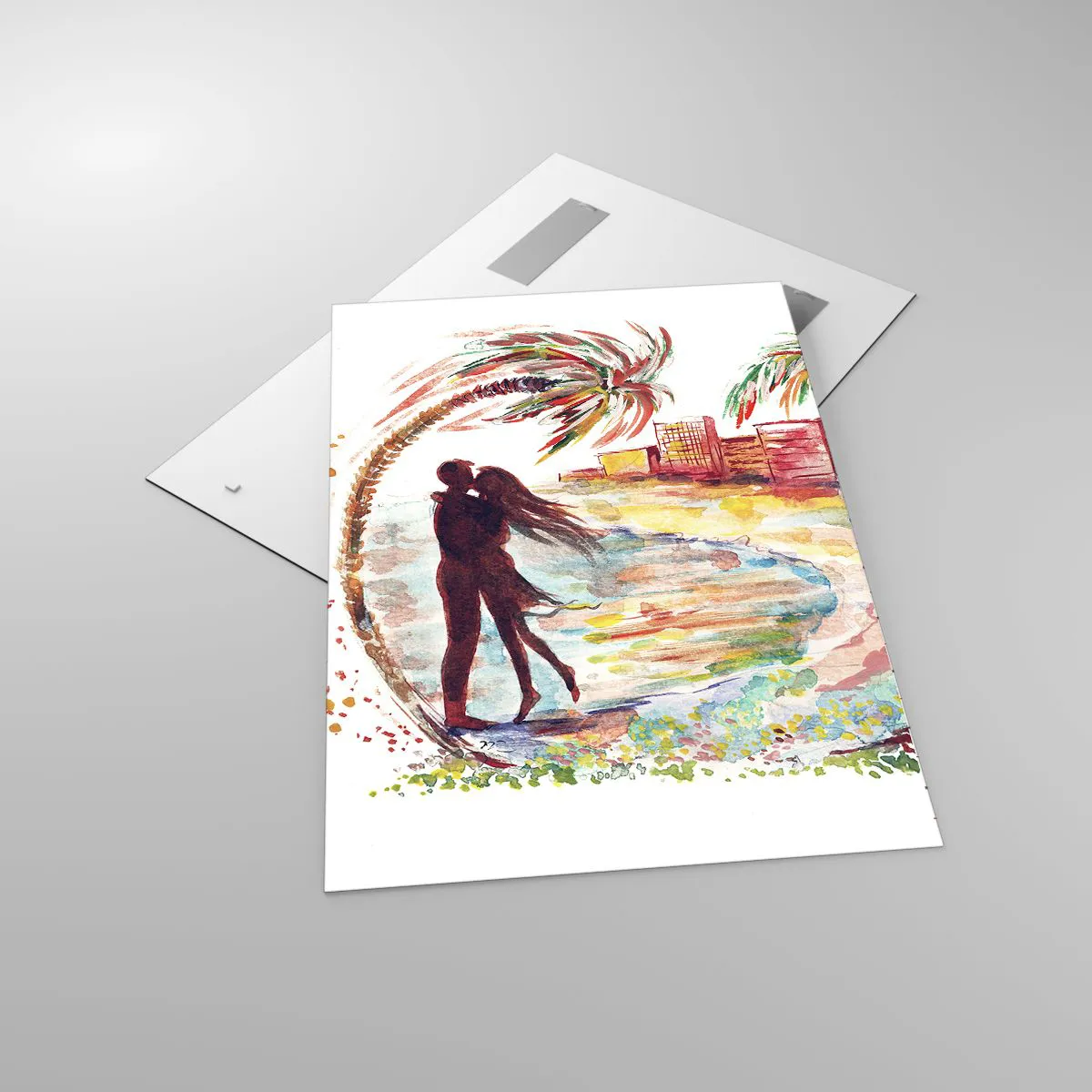 Glasbild - Bild auf glas - Romantische Paarszene an einem Strand mit Palmen in Aquarell - 70x100cm - Romantischer Urlaub - Moderne Wanddekoration für Wohnzimmer und Schlafzimmer ARTTOR