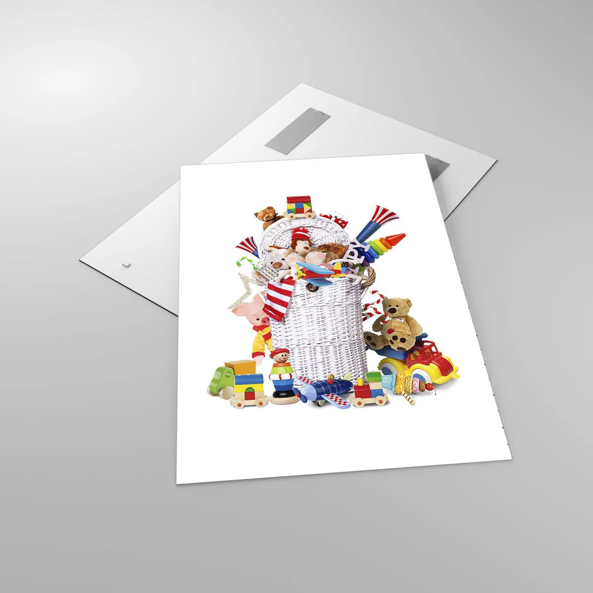 Impression sur verre - Image sur verre - Un panier coloré rempli de jouets pour enfants - 70x100cm - Trésors des tout-petits - Décoration murale moderne pour le salon et la chambre ARTTOR