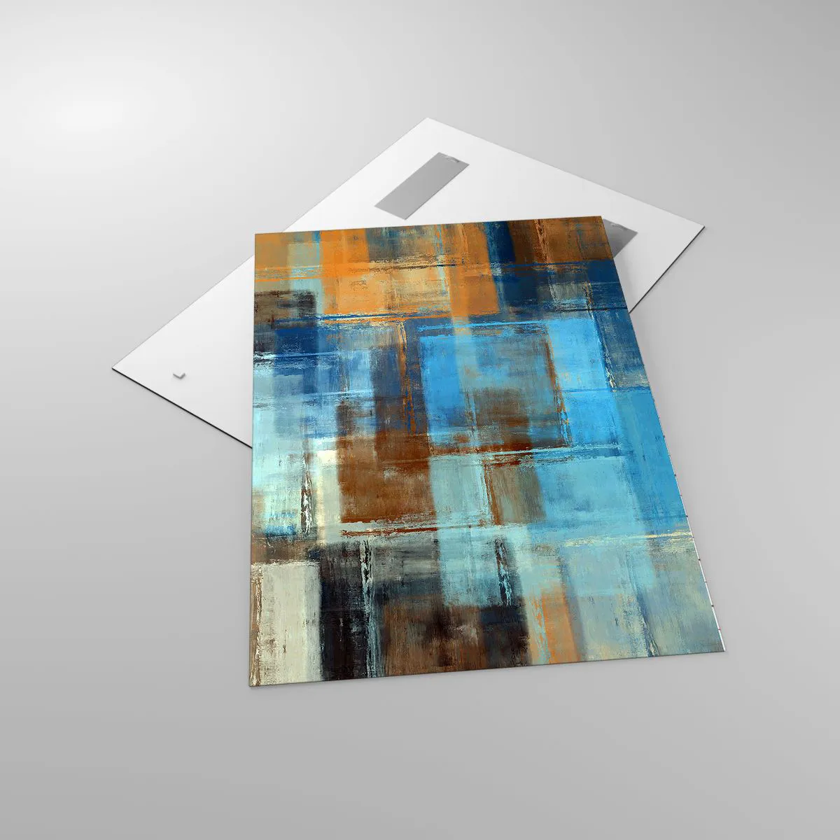 Impression sur verre - Image sur verre - Composition géométrique abstraite dans les tons de bleu et de marron - 70x100cm - A travers le voile bleu - Décoration murale moderne pour le salon et la chambre ARTTOR