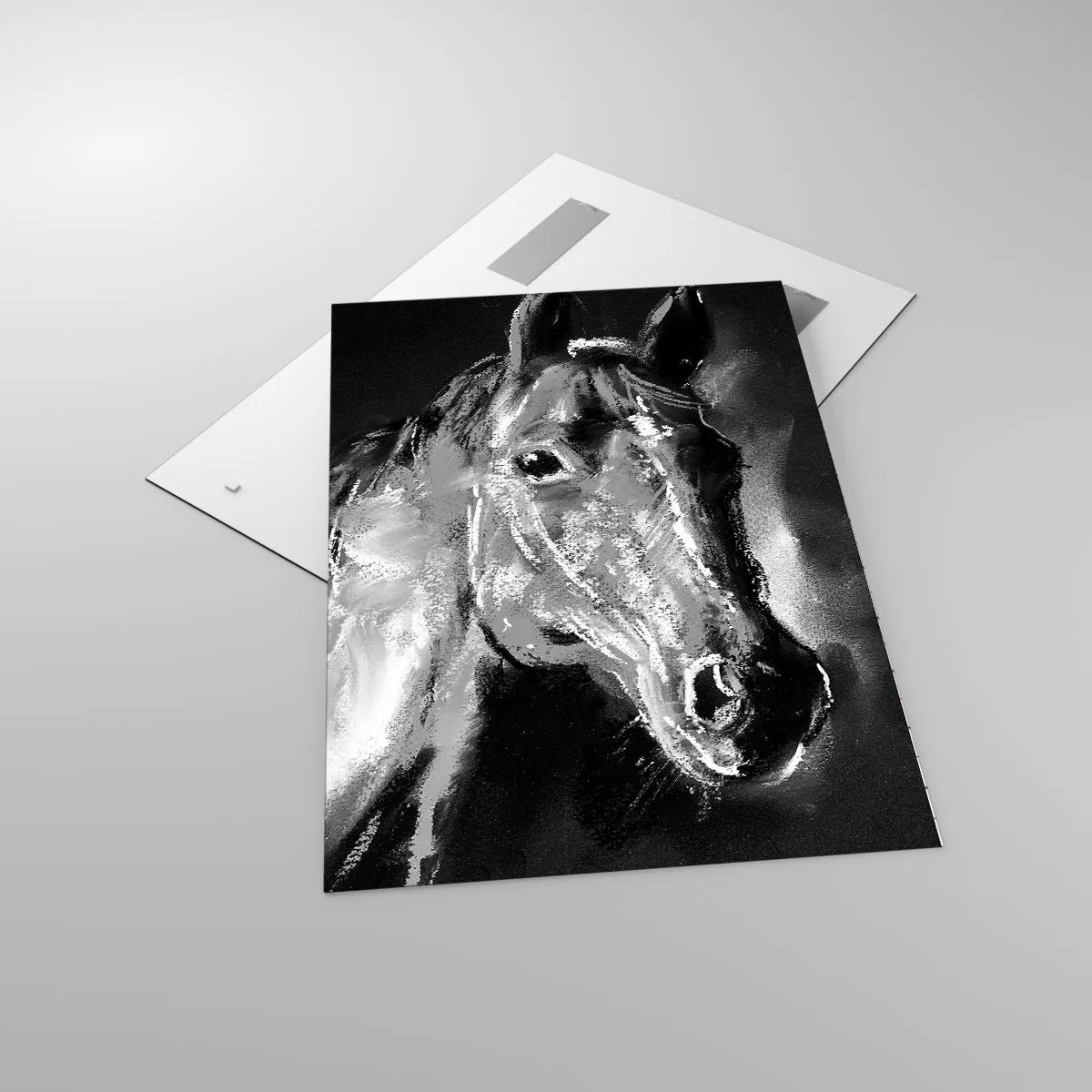 Impression sur verre - Image sur verre - Portrait d'un cheval dans un style dynamique en noir et blanc - 70x100cm - L'éclat d'une âme noble - Décoration murale moderne pour le salon et la chambre ARTTOR