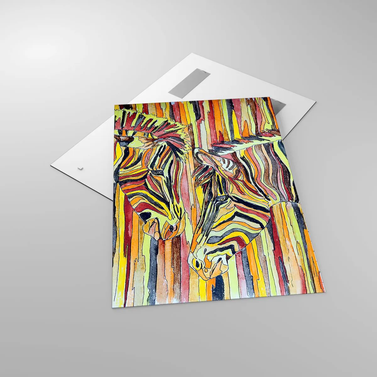 Cuadro sobre vidrio - Impresiones sobre Vidrio - Cebras coloridas sobre un fondo de rayas abstractas - 70x100cm - Y tú también... - Decoración de pared moderna para salón y dormitorio ARTTOR