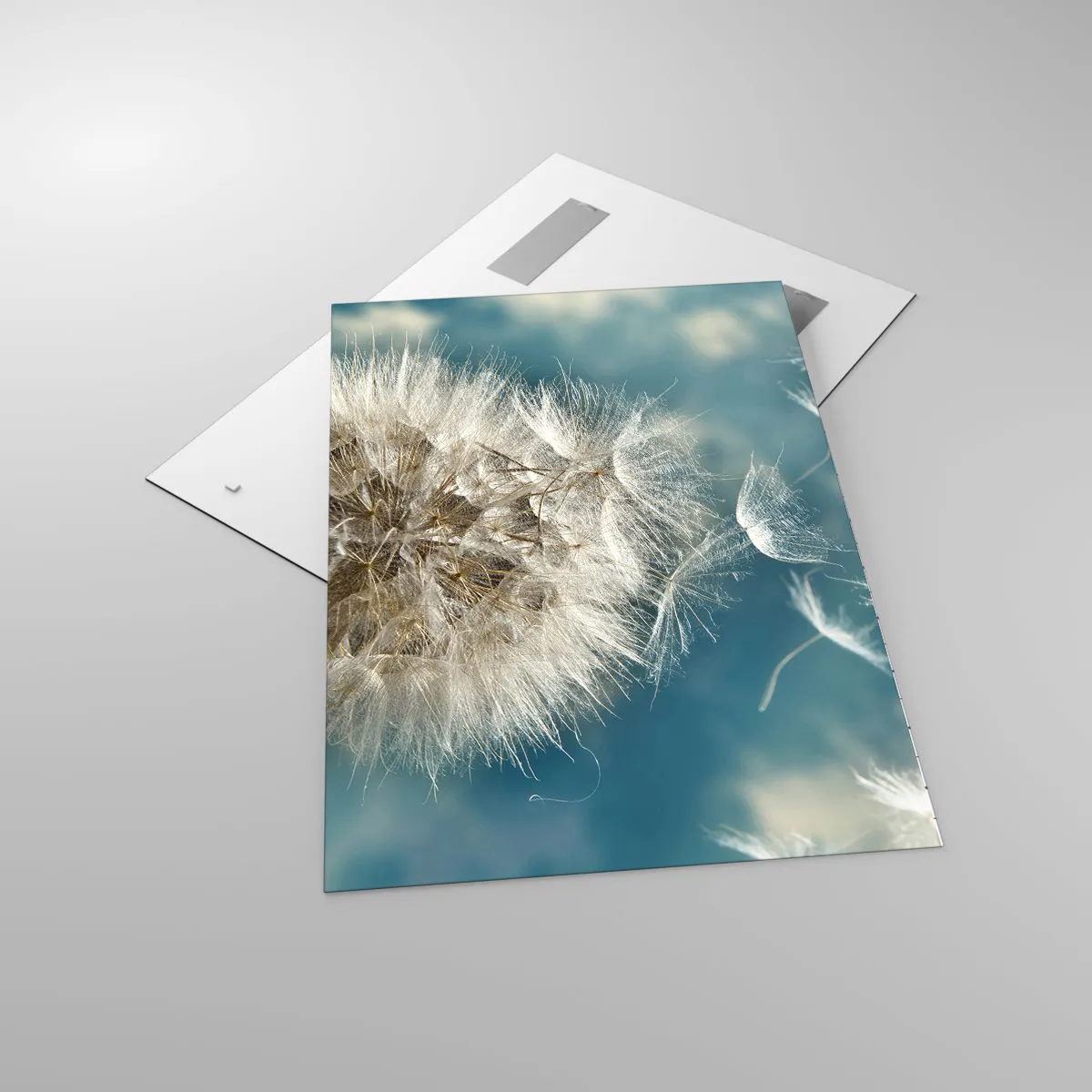 Cuadro sobre vidrio - Impresiones sobre Vidrio - Un diente de león desperdigado contra un cielo azul. - 70x100cm - El aliento de un ángel - Decoración de pared moderna para salón y dormitorio ARTTOR