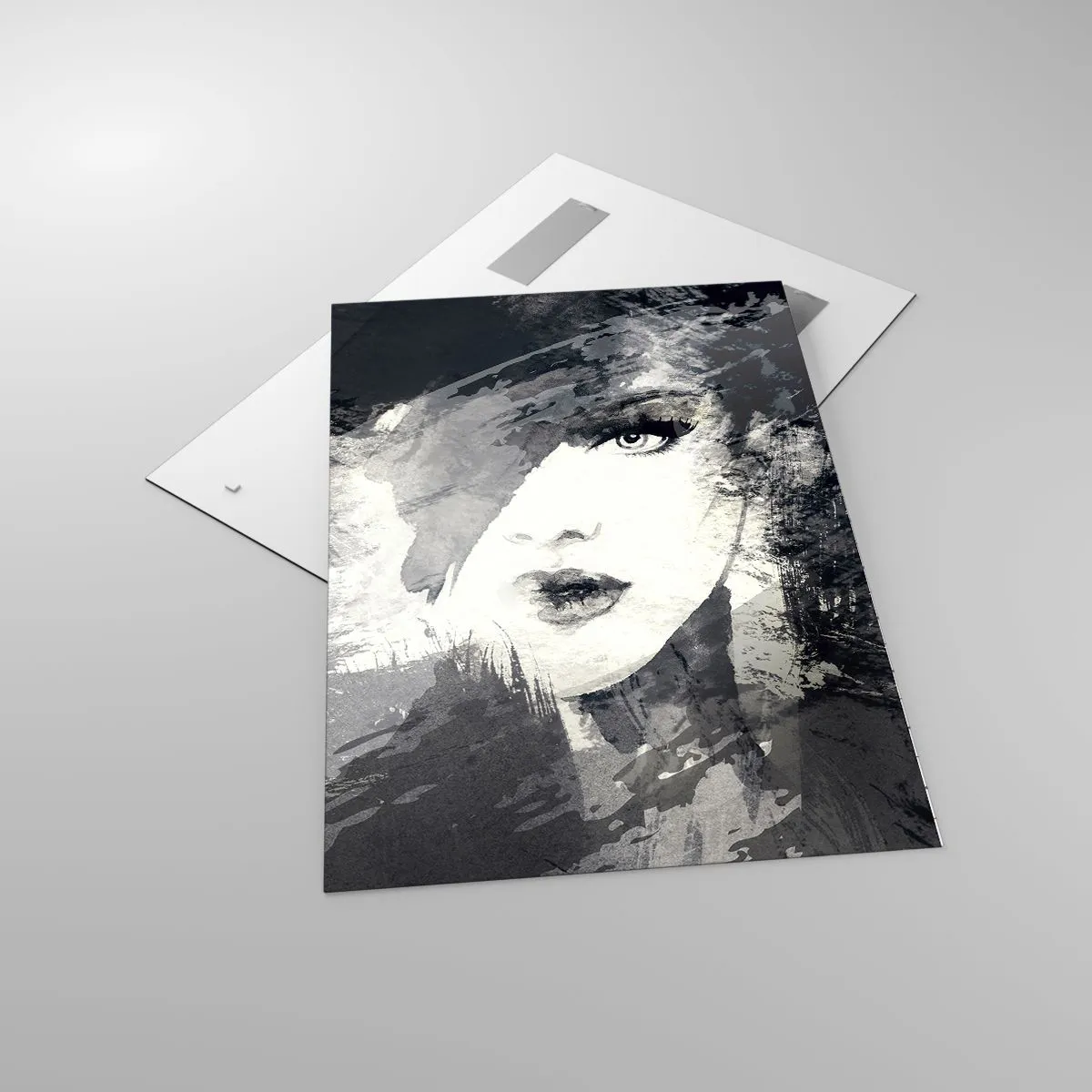 Glasbild - Bild auf glas - Ein abstraktes Frauenporträt in Grautönen mit zarten Akzenten. - 70x100cm - Hinter einem grauen Schleier - Moderne Wanddekoration für Wohnzimmer und Schlafzimmer ARTTOR