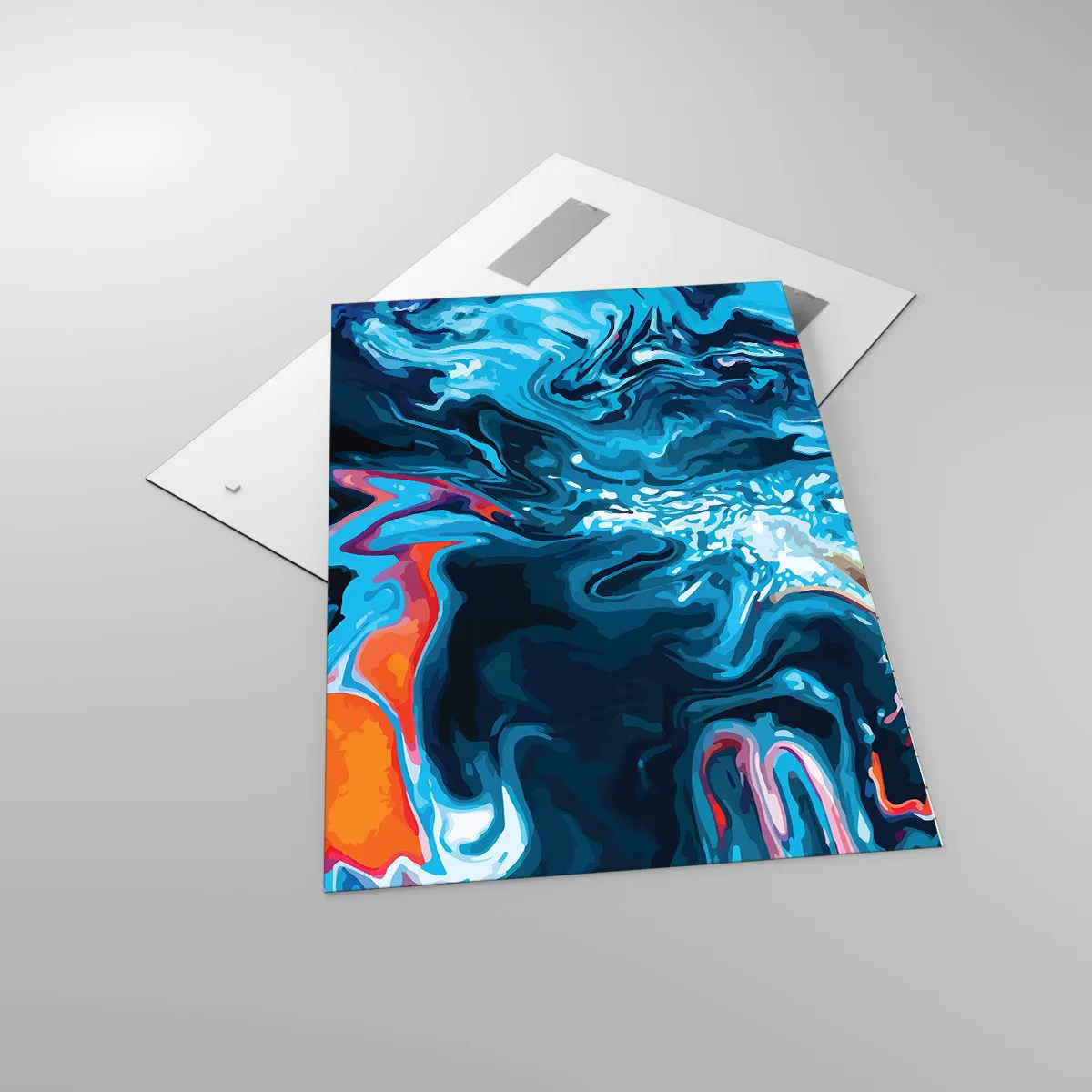 Glasbild - Bild auf glas - Ein abstraktes Muster in Blautönen mit orangefarbenen Akzenten. - 70x100cm - Reise ins Zentrum des Himmels - Moderne Wanddekoration für Wohnzimmer und Schlafzimmer ARTTOR