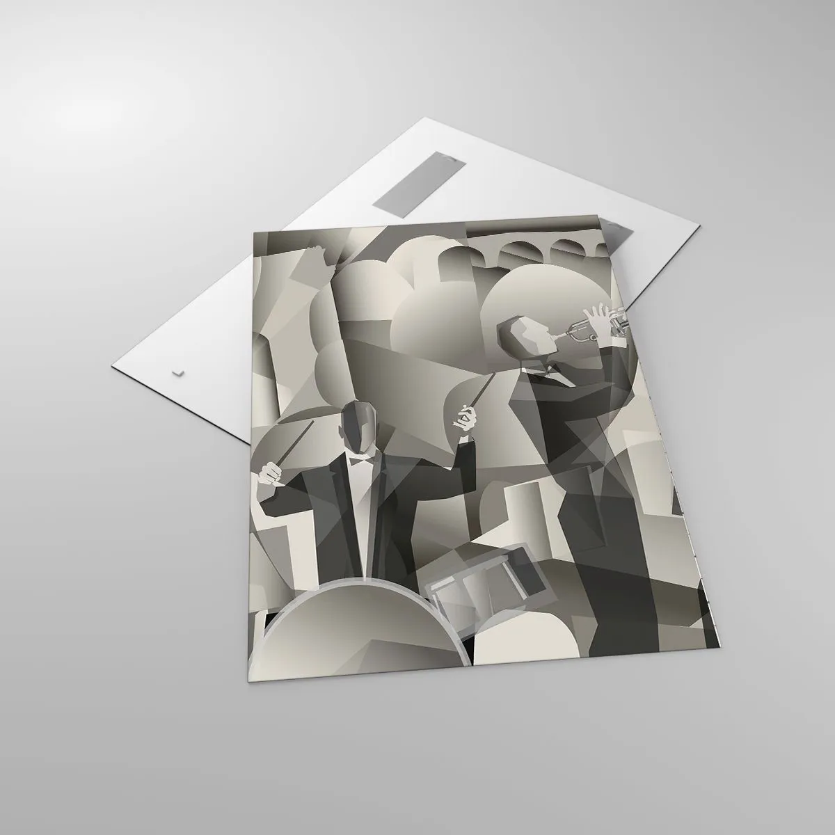 Glasbild - Bild auf glas - Abstrakte Szene mit Jazzmusikern in Grautönen. - 70x100cm - Im Raum der Klänge - Moderne Wanddekoration für Wohnzimmer und Schlafzimmer ARTTOR