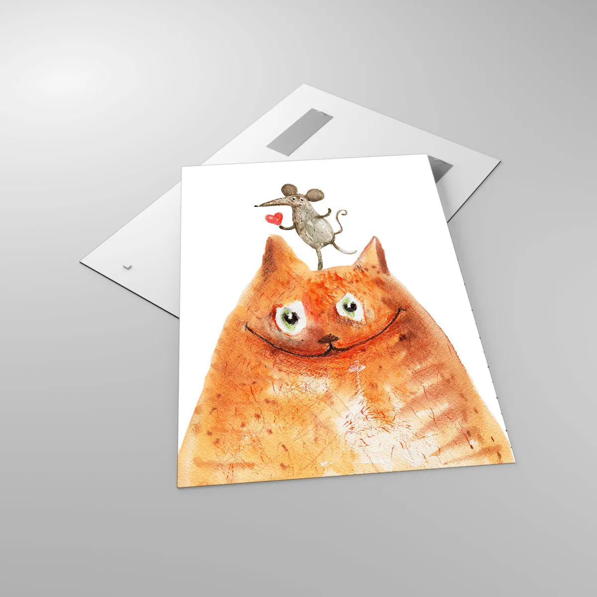 Impression sur verre - Image sur verre - Un dessin d'un chat avec une souris sur la tête tenant un cœur - 70x100cm - Amour paradoxal - Décoration murale moderne pour le salon et la chambre ARTTOR